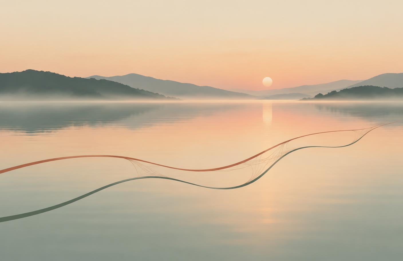 Due linee separate che restano collegate in alcuni punti, su un lago all'alba